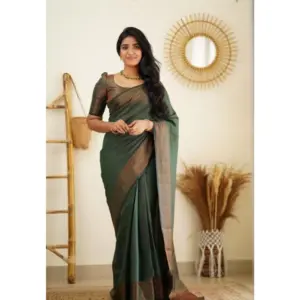 Women's Litchi Silk Printed Saree with Blouse – Green