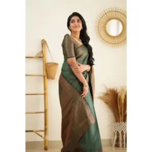 Women's Litchi Silk Printed Saree with Blouse – Green