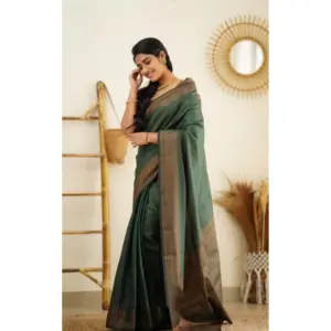 Women's Litchi Silk Printed Saree with Blouse – Green