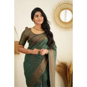 Women's Litchi Silk Printed Saree with Blouse – Green