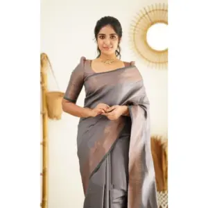 Women's Litchi Silk Printed Saree with Blouse – Grey