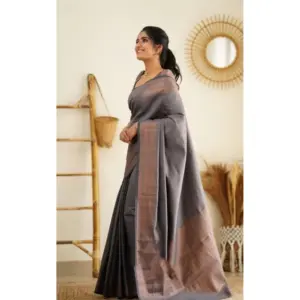 Women's Litchi Silk Printed Saree with Blouse – Grey