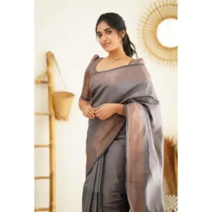 Women's Litchi Silk Printed Saree with Blouse – Grey