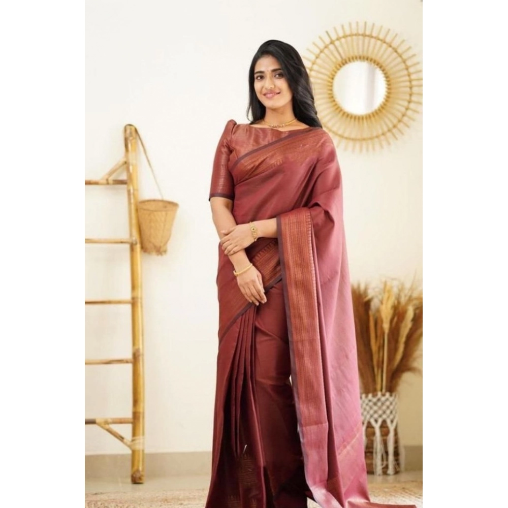 Women's Litchi Silk Printed Saree with Blouse – Maroon