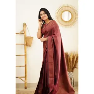 Women's Litchi Silk Printed Saree with Blouse – Maroon