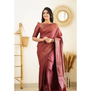 Women's Litchi Silk Printed Saree with Blouse – Maroon