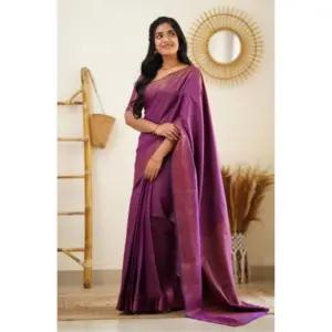 Women's Litchi Silk Printed Saree with Blouse – Purple