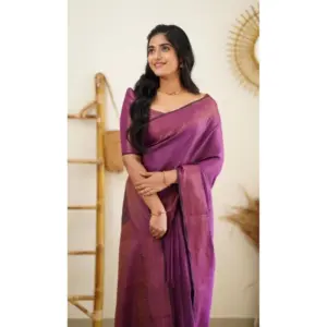 Women's Litchi Silk Printed Saree with Blouse – Purple
