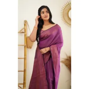 Women's Litchi Silk Printed Saree with Blouse – Purple