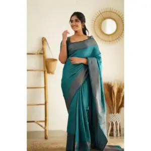 Women's Litchi Silk Printed Saree with Blouse – Rama Blue