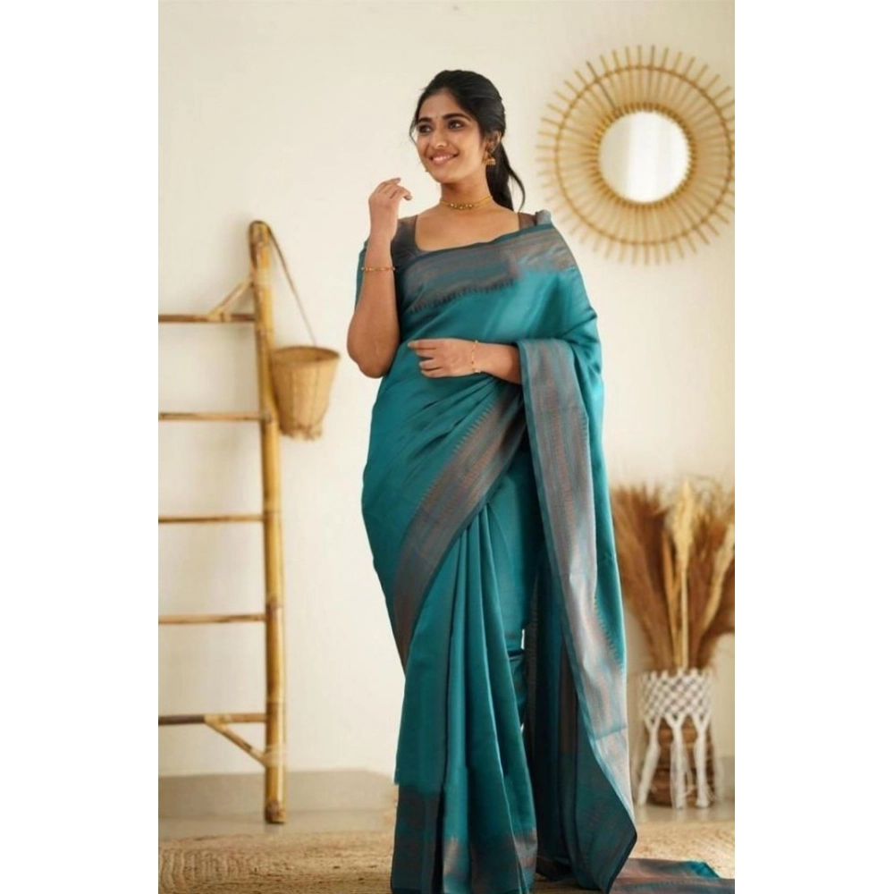 Women's Litchi Silk Printed Saree with Blouse – Rama Blue