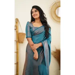 Women's Litchi Silk Printed Saree with Blouse – Rama Blue