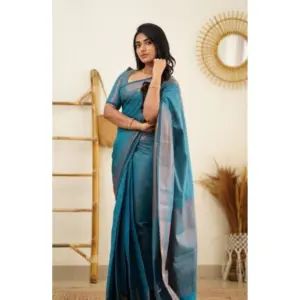 Women's Litchi Silk Printed Saree with Blouse – Rama Blue