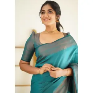 Women's Litchi Silk Printed Saree with Blouse – Rama Blue
