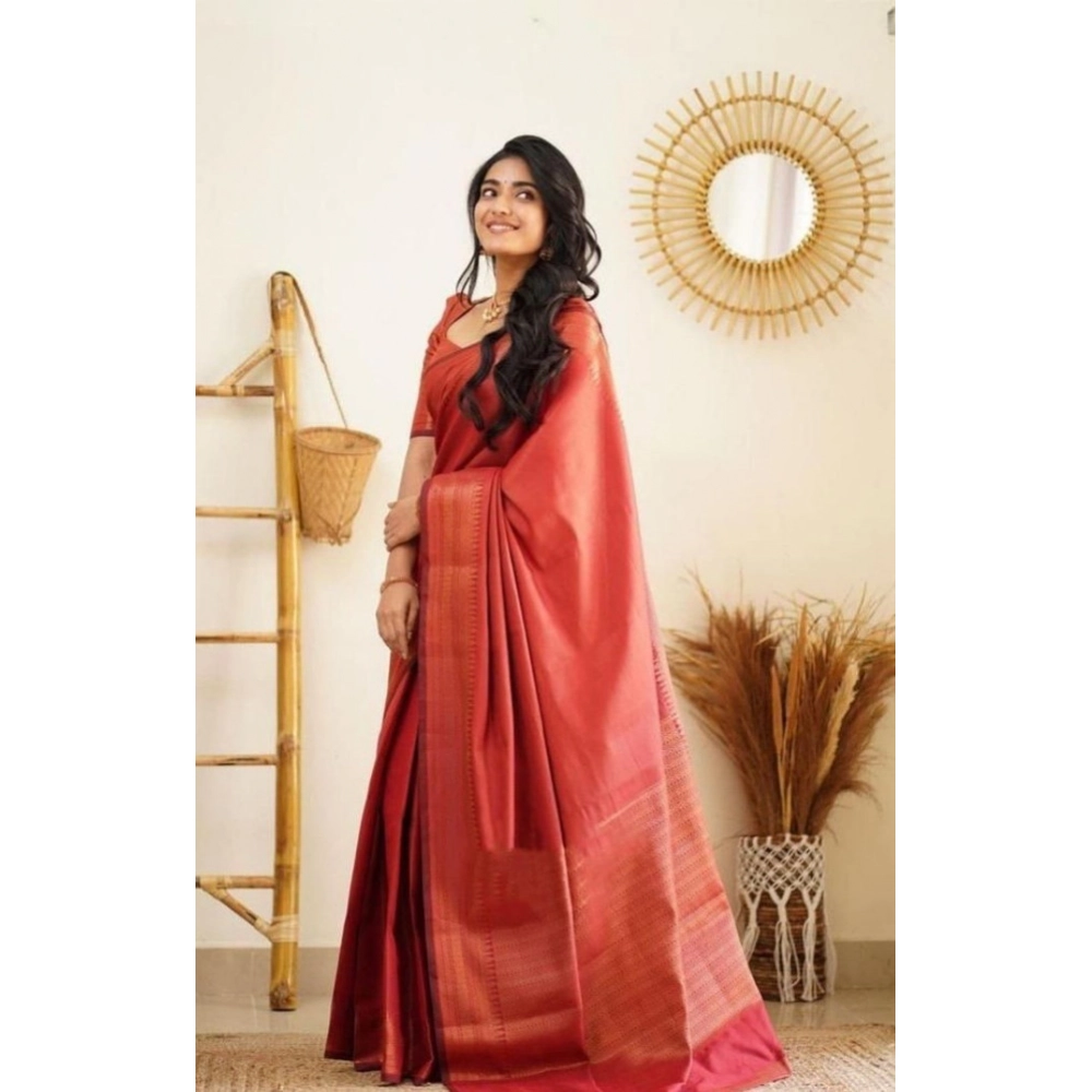 Women's Litchi Silk Printed Saree with Blouse – Red