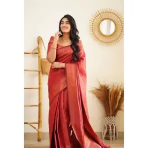 Women's Litchi Silk Printed Saree with Blouse – Red