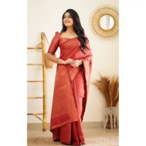 Women's Litchi Silk Printed Saree with Blouse – Red