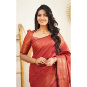 Women's Litchi Silk Printed Saree with Blouse – Red