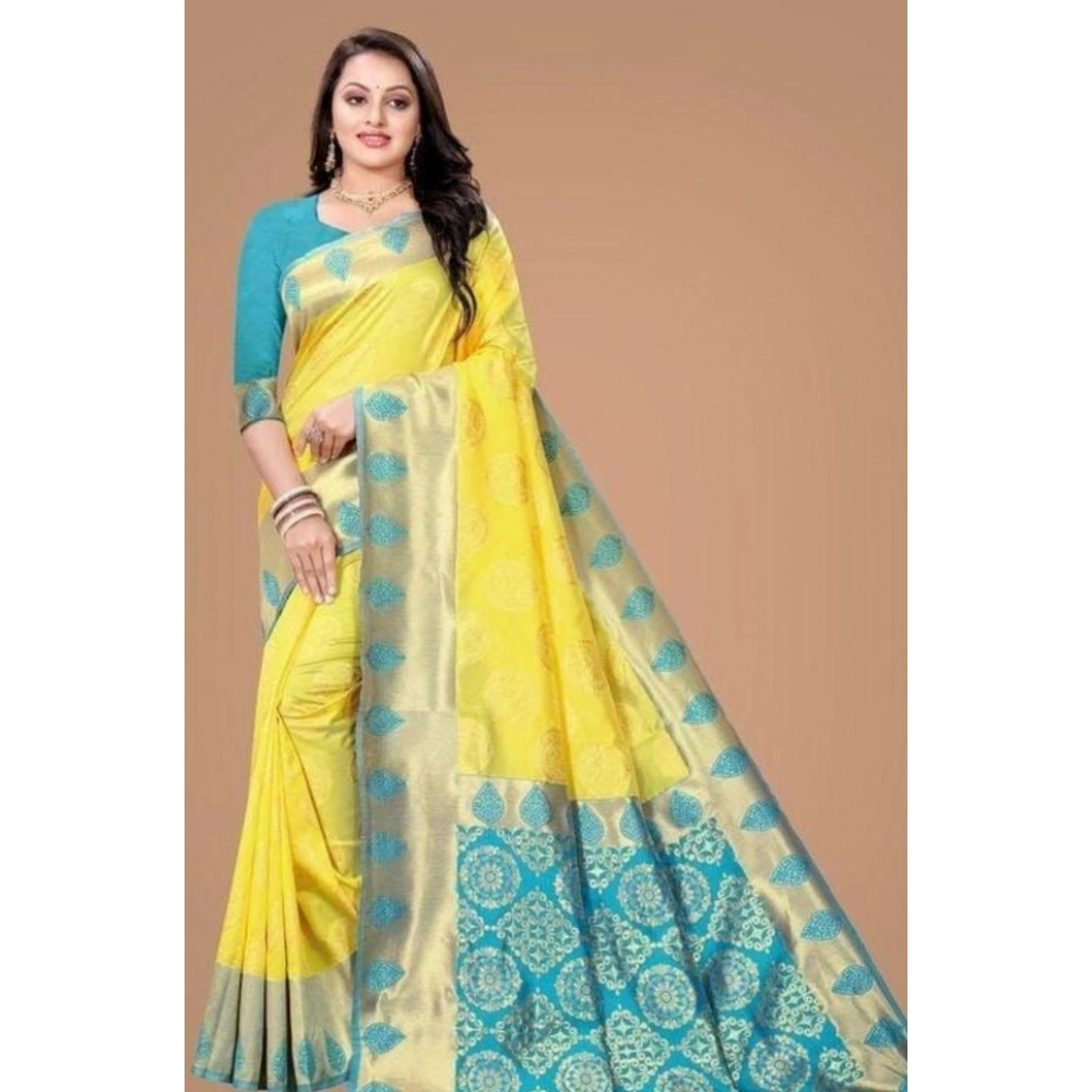 Women's Litchi Silk Printed Saree with Blouse – Yellow