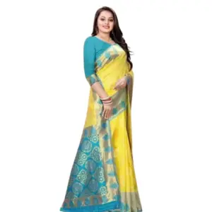 Women's Litchi Silk Printed Saree with Blouse – Yellow