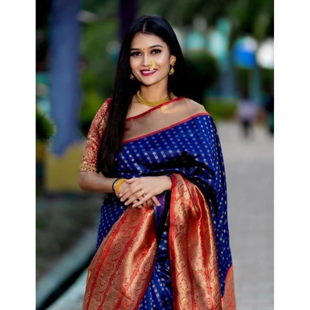 Women's Litchi Silk Printed Saree with Blouse – Blue
