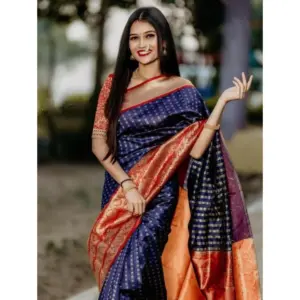 Women's Litchi Silk Printed Saree with Blouse – Blue