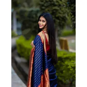 Women's Litchi Silk Printed Saree with Blouse – Blue