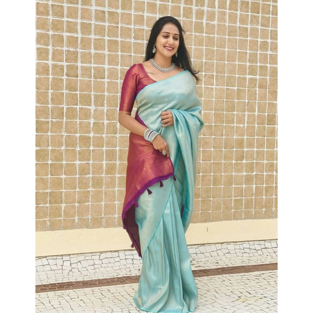 Women's Litchi Silk Printed Saree with Blouse – Blue