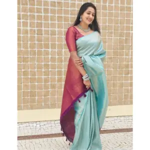 Women's Litchi Silk Printed Saree with Blouse – Blue