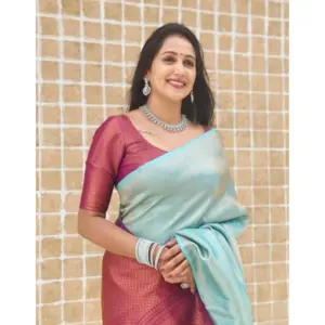 Women's Litchi Silk Printed Saree with Blouse – Blue