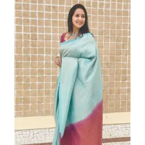 Women's Litchi Silk Printed Saree with Blouse – Blue