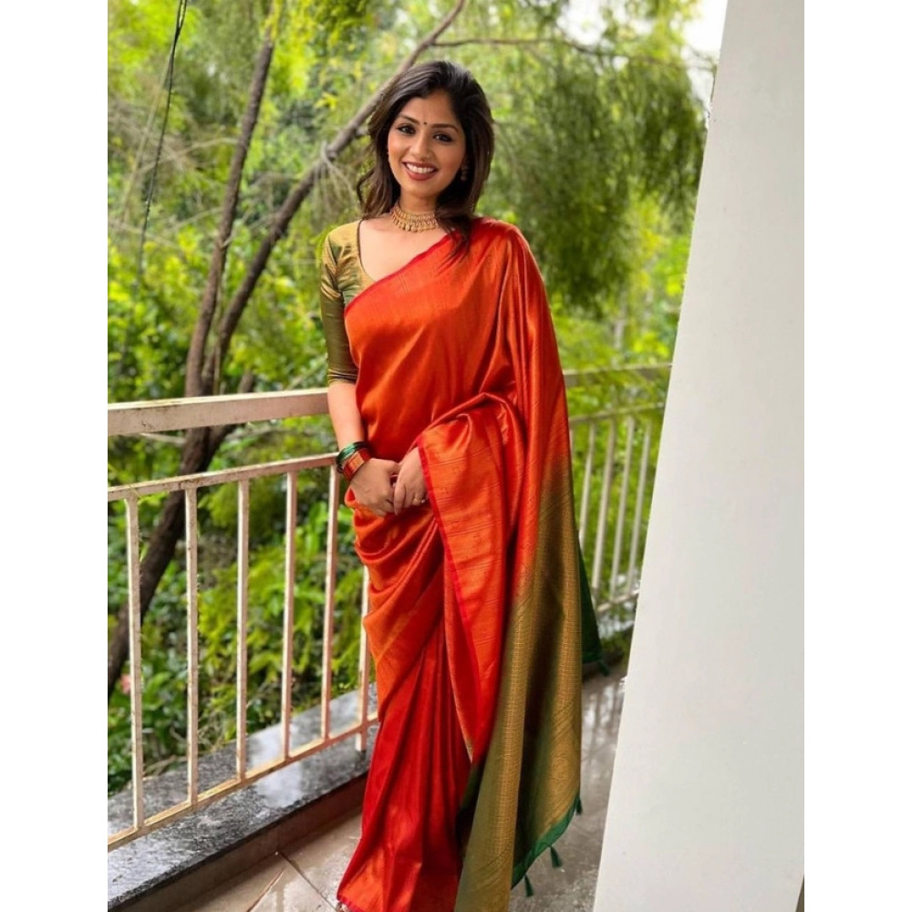 Women's Litchi Silk Printed Saree with Blouse – Red