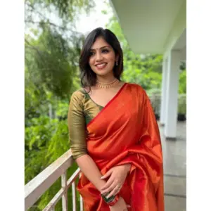 Women's Litchi Silk Printed Saree with Blouse – Red