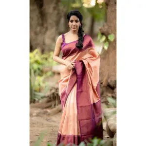Women's Litchi Silk Printed Saree with Blouse – Beige