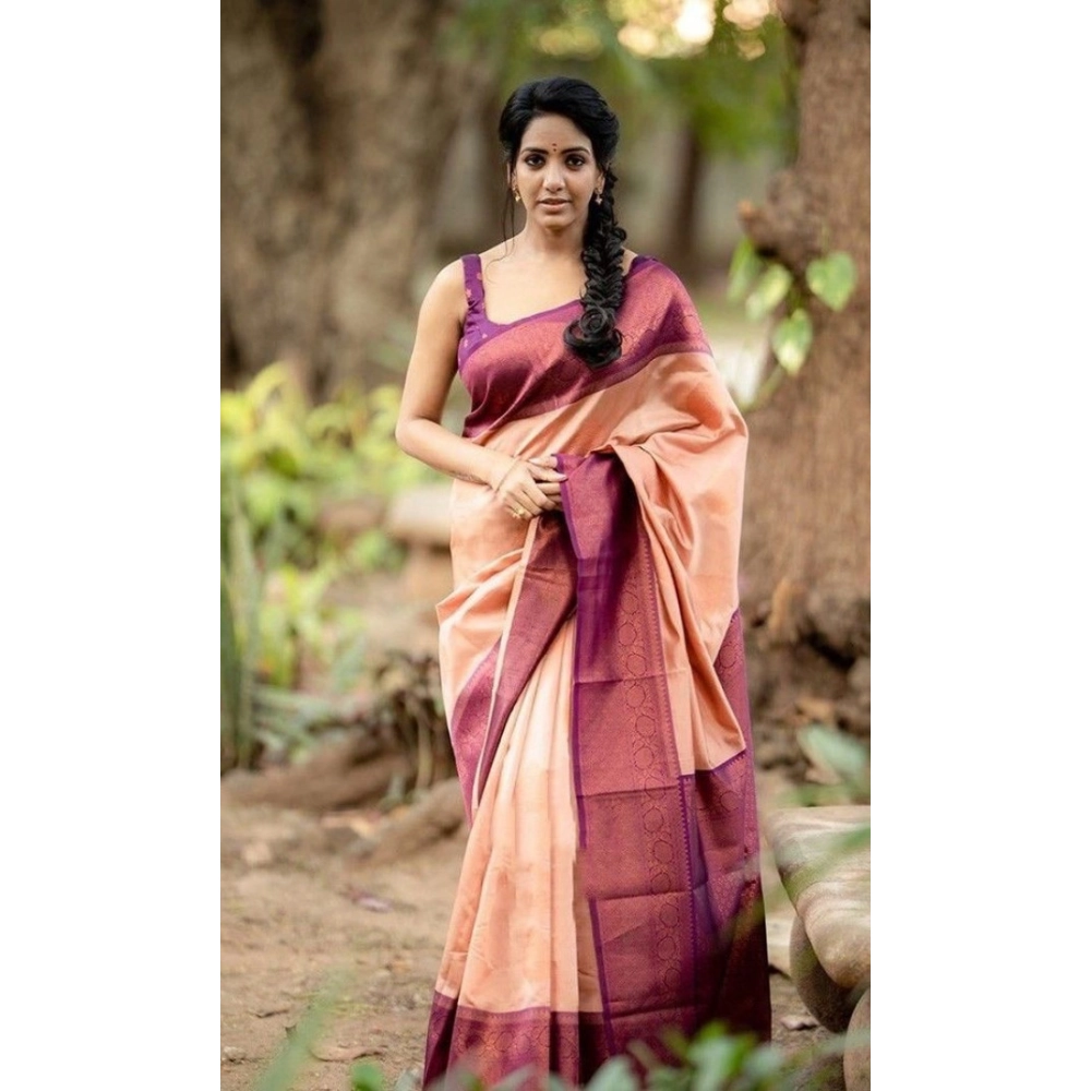 Women's Litchi Silk Printed Saree with Blouse – Beige