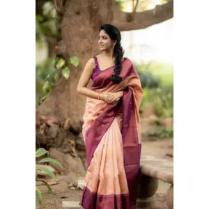 Women's Litchi Silk Printed Saree with Blouse – Beige