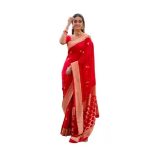 Women's Litchi Silk Printed Saree with Blouse – Red