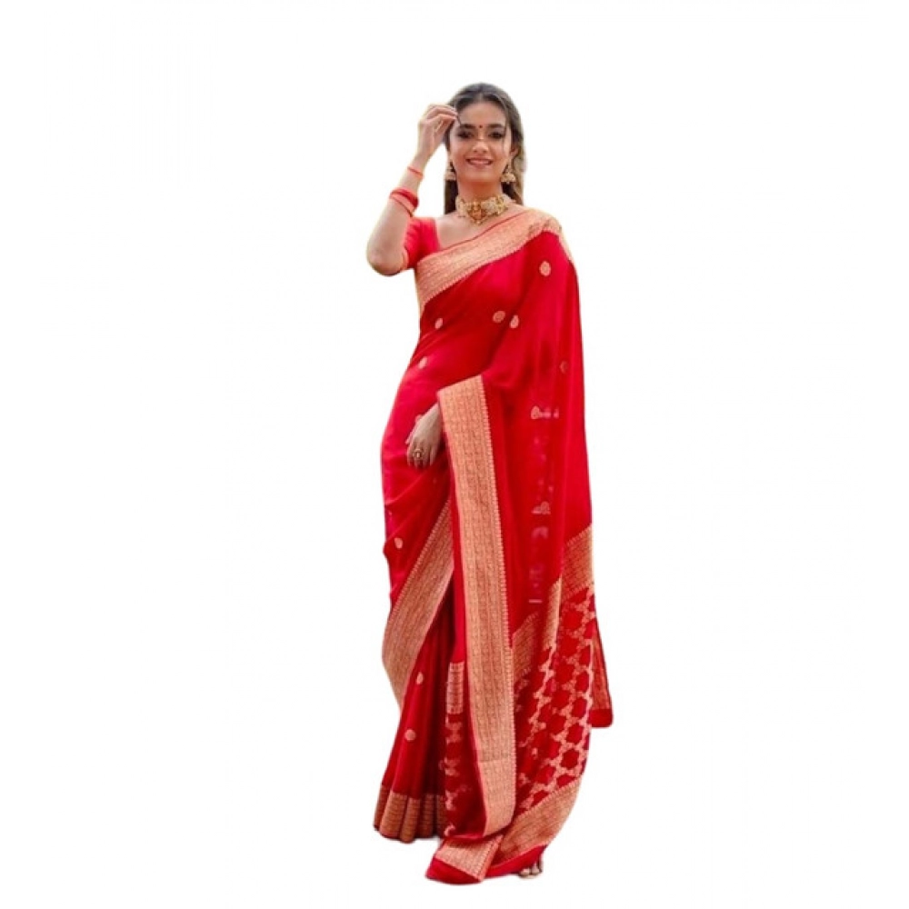 Women's Litchi Silk Printed Saree with Blouse – Red