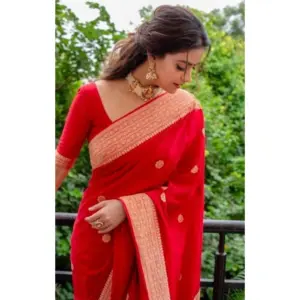 Women's Litchi Silk Printed Saree with Blouse – Red