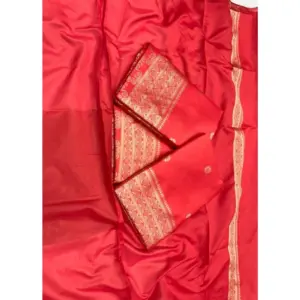 Women's Litchi Silk Printed Saree with Blouse – Red