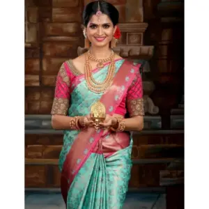 Women's Litchi Silk Printed Saree with Blouse – Turquise Blue