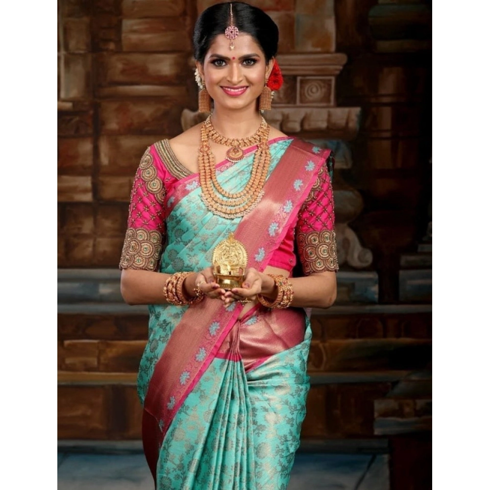 Women's Litchi Silk Printed Saree with Blouse – Turquise Blue