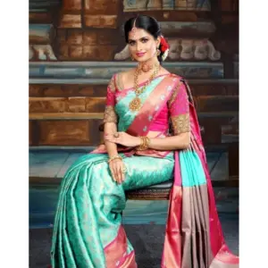 Women's Litchi Silk Printed Saree with Blouse – Turquise Blue