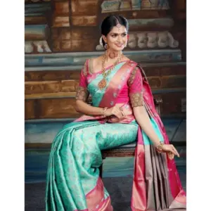 Women's Litchi Silk Printed Saree with Blouse – Turquise Blue