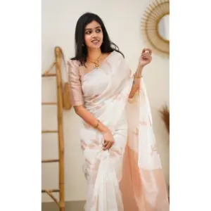 Women's Litchi Silk Printed Saree with Blouse – White