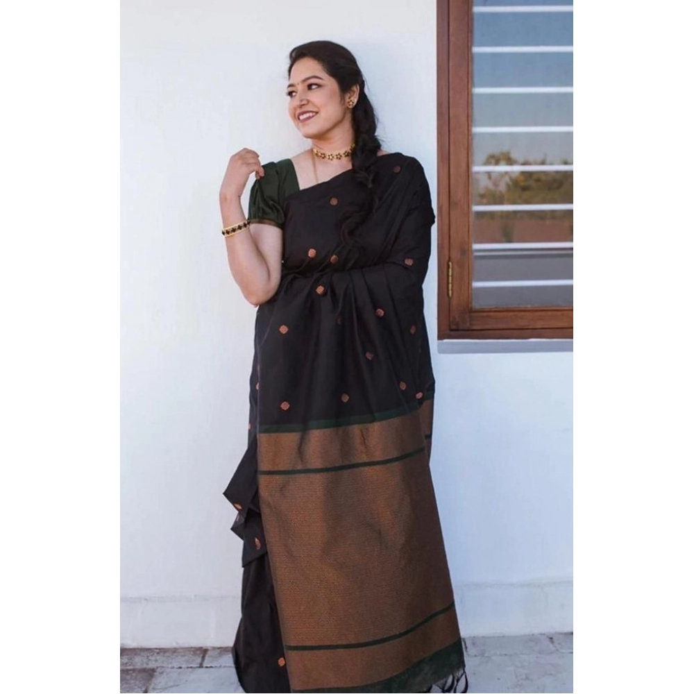 Women's Litchi Silk Printed Saree with Blouse – Black