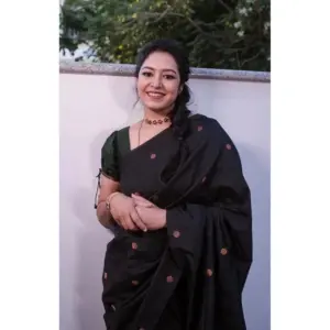 Women's Litchi Silk Printed Saree with Blouse – Black