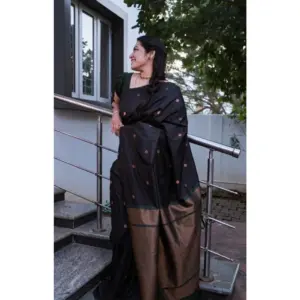 Women's Litchi Silk Printed Saree with Blouse – Black