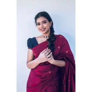 Women's Litchi Silk Printed Saree with Blouse – Red