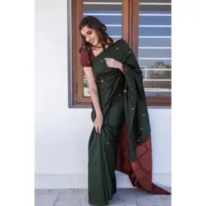 Women's Litchi Silk Printed Saree with Blouse – Dark Green